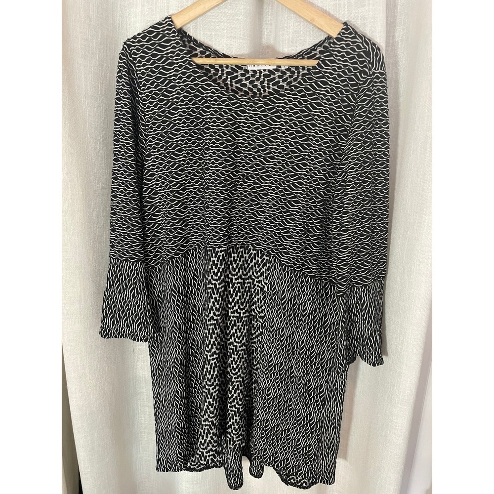 Habitat Black White Print Tunic‎ Long Sleeve Large Lagenlook Travel Comfortable